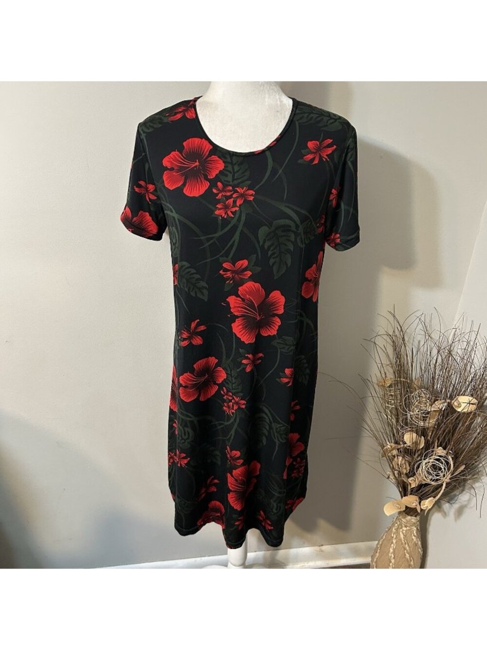 Kisses & Hugs Black Red Hibiscus Floral Tropical Midi Dress Tunic A-line L USA